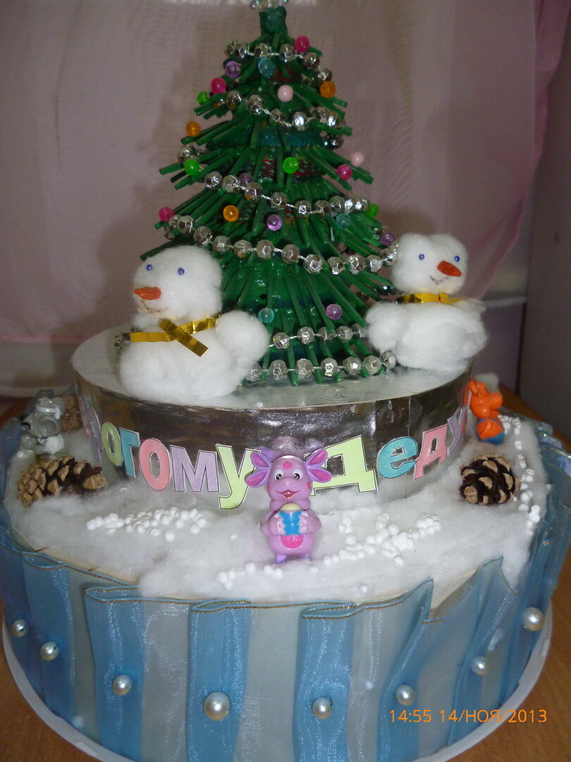 Фото автора. Лепить снеговиков – работа ответственная. А тортик лентами, бусами украшать, а ёлочку «взращивать», чтобы с иголками, на живую была похожая, а потом ещё наряжать?! Да, пришлось потрудиться не один день. Но мы своей работой довольны. Ох, скорей бы Новый год!