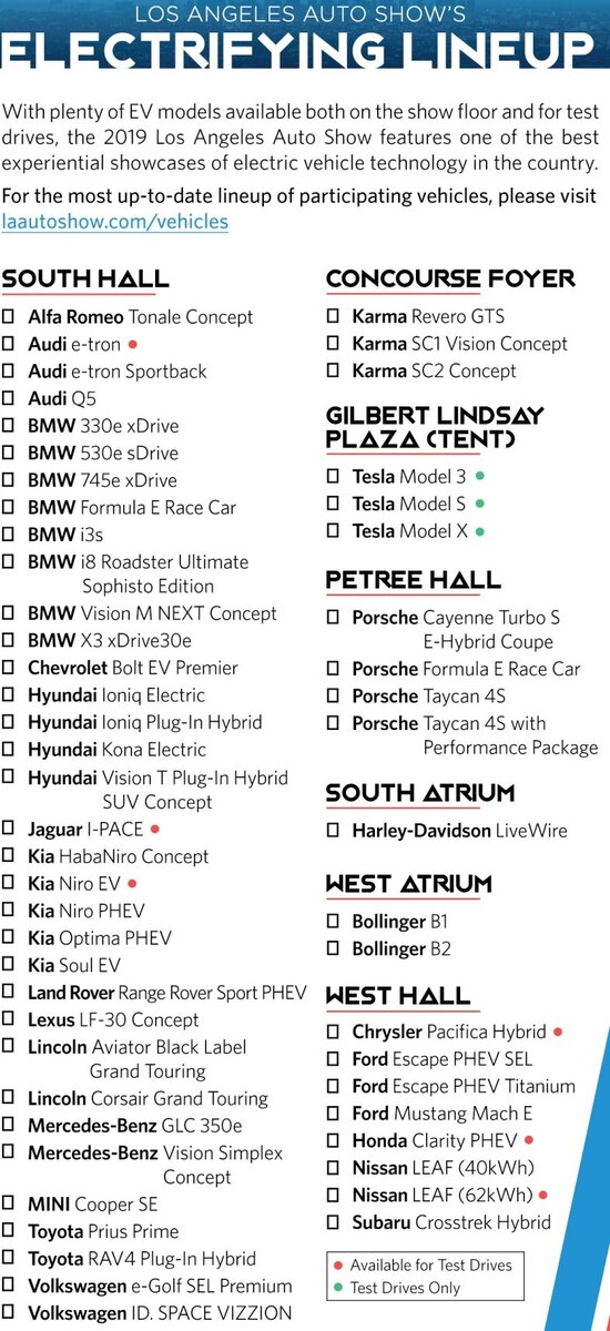Полный список электроавтомобилей на выставке. Источник: laautoshow.com