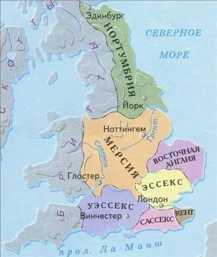 Карта Англии 7 века. Семь англосаксонских королевств на территории Британии. Карта королевств англосаксов. Уэссекс, Сассекс, Эссекс, Нортумбрия, Восточная Англия, Мерсия, Кент. Англия 9 век