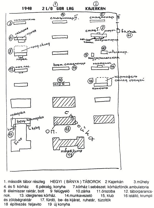 С 1948 в Кайеркане располагалось 2-е отделение ГОРЛАГа - особого лагеря для пособников фашистских оккупантов.  Данная схема нарисована от руки по памяти одним из бывших заключенных 2го отделения ГОРЛАГа.