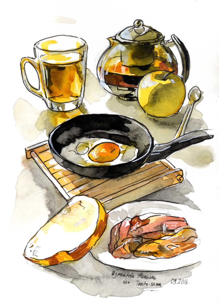 Участки застроены приготовленный завтрак иллюстрированные. Завтрак рисунок. Акварельные натюрморты с посудой. Рисунки еды. Завтрак акварель.