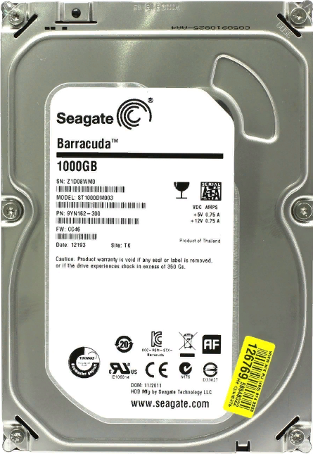 Жесткий диск на 1ТБ от компании Seagate. Топовая модель (st1000dm003-9yn162) от них, жив до сих пор.(больше 10 лет)