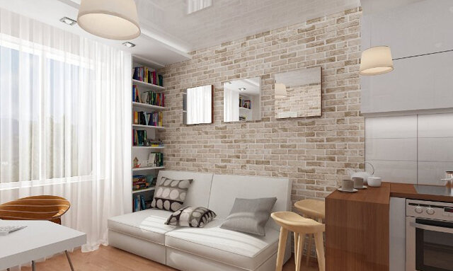 Дизайн гостиной с кирпичной стеной: кирпичная кладка в интерьере зала