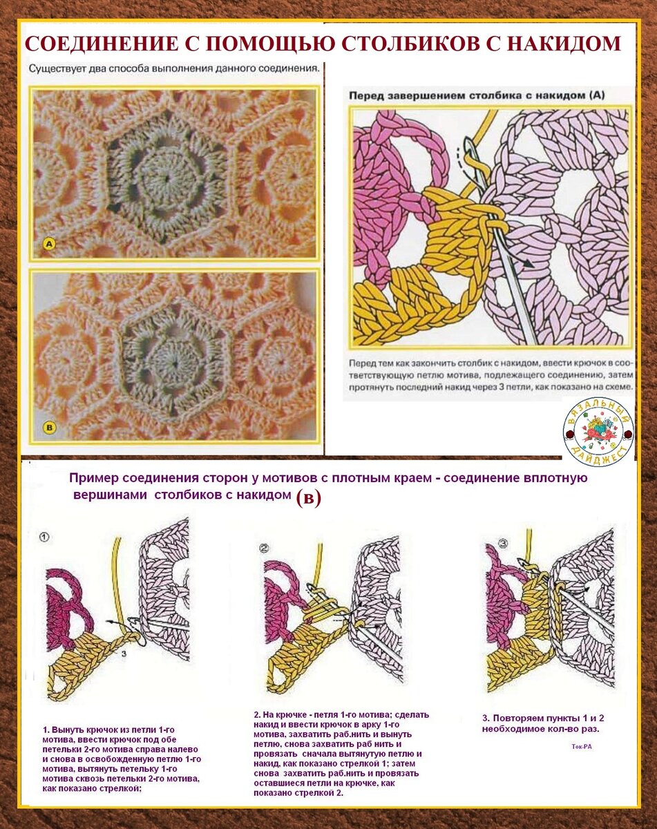 35 способов соединения мотивов крючком, схемы и мастер-классы