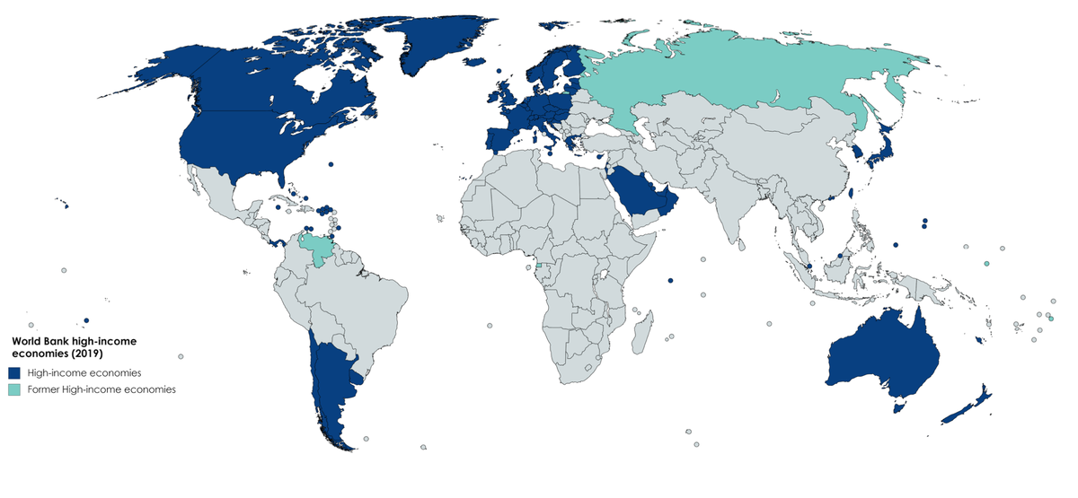 Страны с высоким уровнем доходов по состоянию на 2019 год. Тёмно-синим выделены страны с высоким уровнем доходов. Голубым выделены бывшие страны с высоким уровнем доходов.
