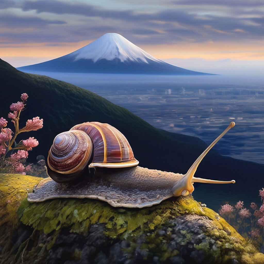 Тихо-тихо ползи, 
Улитка, по склону Фудзи
До самых высот.
(с) Кобаяси Исса.

Нейросеть Шедеврум.
