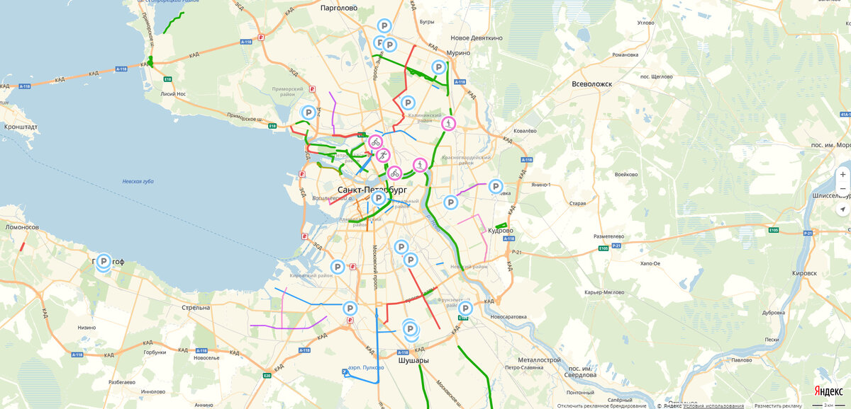 Карта велодорожек с сайта СПб ГКУ "Городской центр управления парковками Санкт-Петербурга"