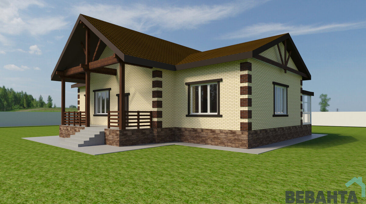 Наружные стены - керамзитоблоки, облицовка - керамический кирпич, покрытие - гибкая черепица. 