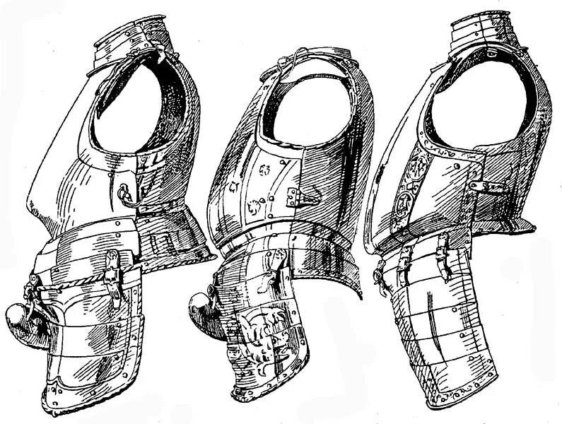 Эскизы трех распространенных в то время видов полудоспеха. Острый выступ на первой - это и есть тапуль