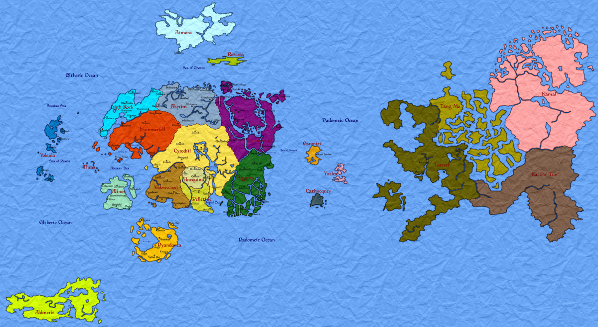 Карта материков планеты на которой происходят события серии игр The Elder Scrolls.