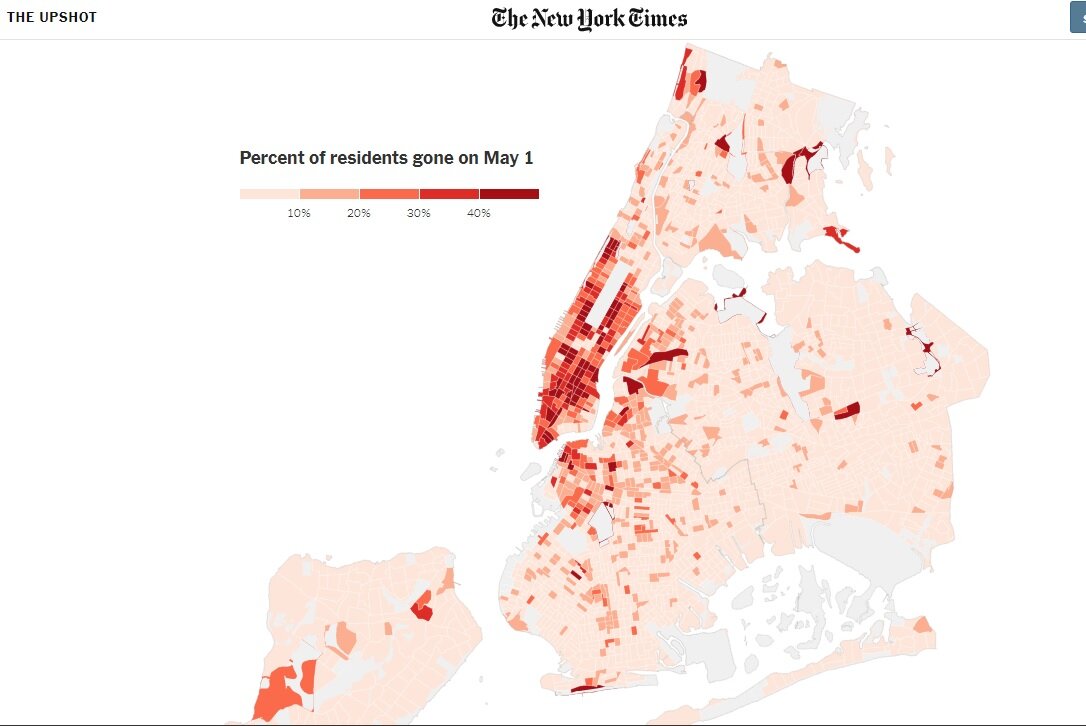 Скриншот карты на сайте "Нью-Йорк Таймс". Красным отмечены районы города, откуда уезжают жители. Чем темнее цвет, тем больше людей уехали. И это по состоянию на 1 мая.