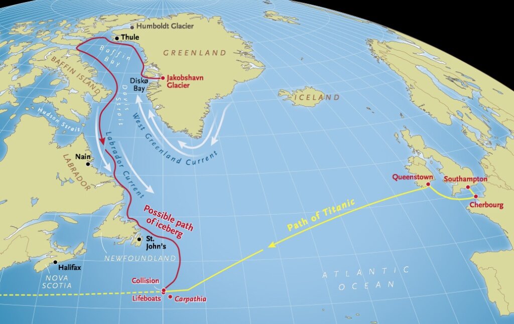 Желтым цветом указан путь "Титаника", красным - предполагаемый путь айсберга.