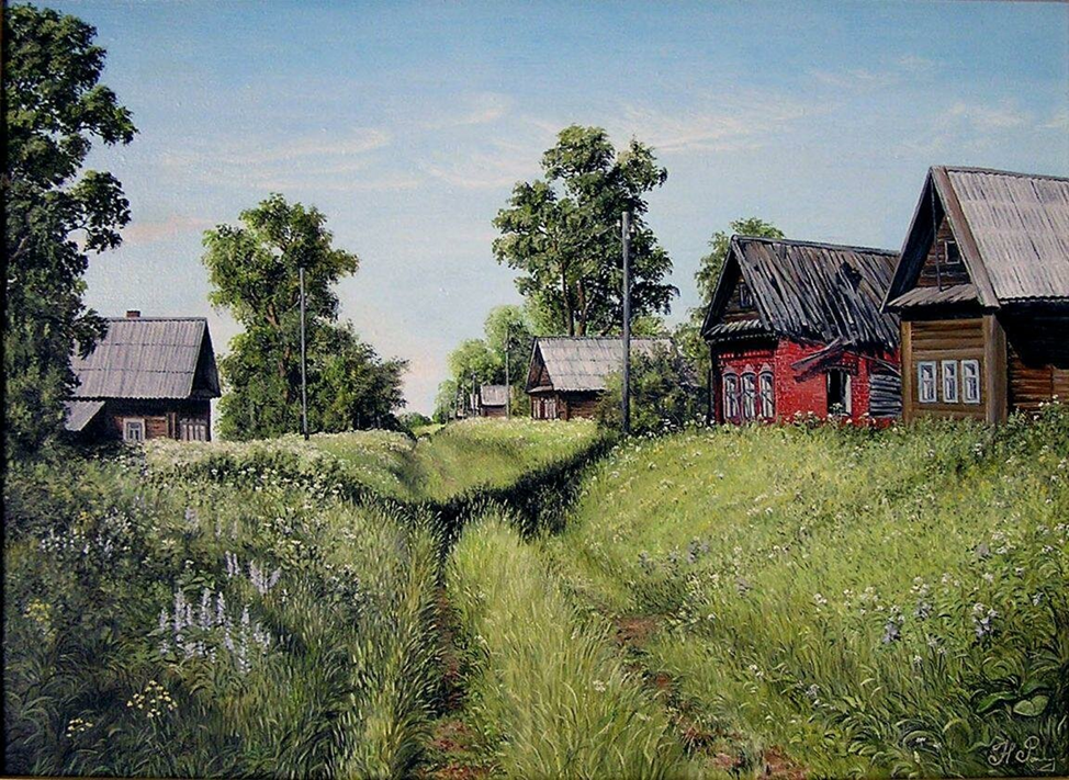 Сельский вид. Старинная деревня. Деревенские домики вдали. Картина Отчий дом. Старые русские деревни
