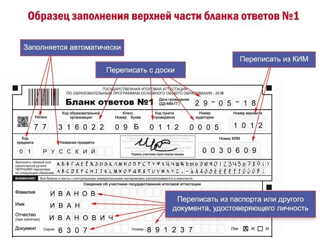 Образец заполнения огэ