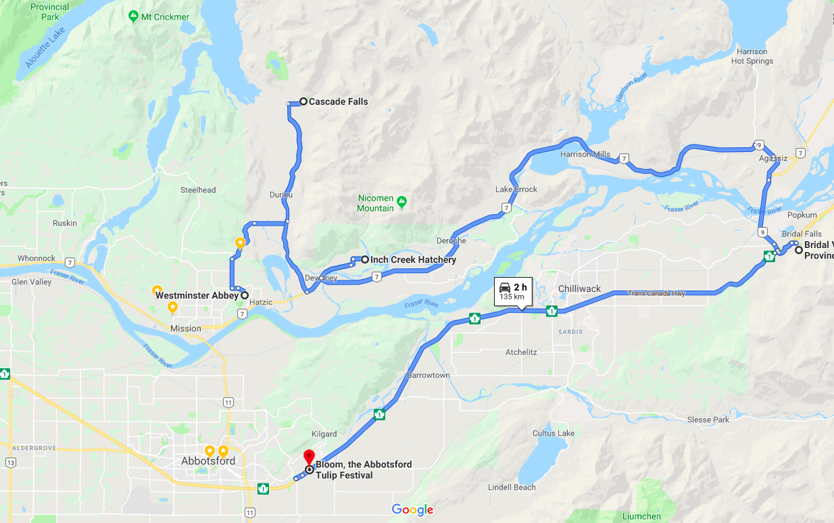 Это маршрут, о котором пойдет речь. Разнообразить можно как угодно: что в сторону Harrison Hot Springs, что в сторону Cultus lake, да и вокруг Мишн еще куча всего, что можно посмотреть