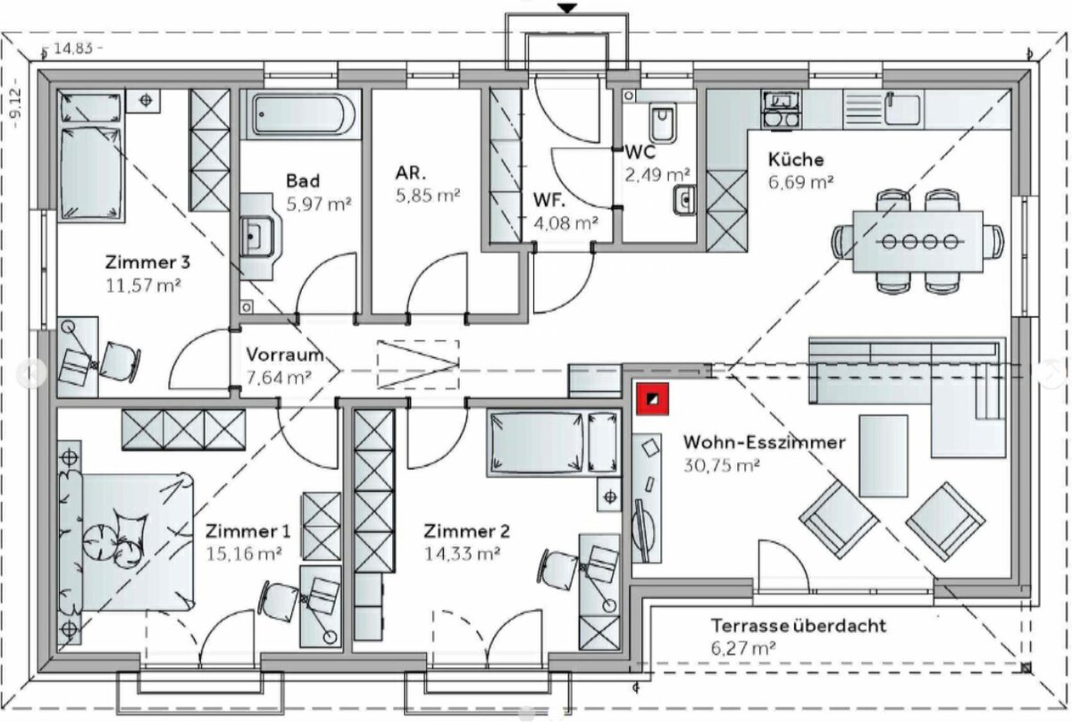 Планировка прямоугольного дома Одноэтажный дом 105 m²-130 m². "VARIO-HAUS" Австрия & "Ooreka" Франция Порубежье