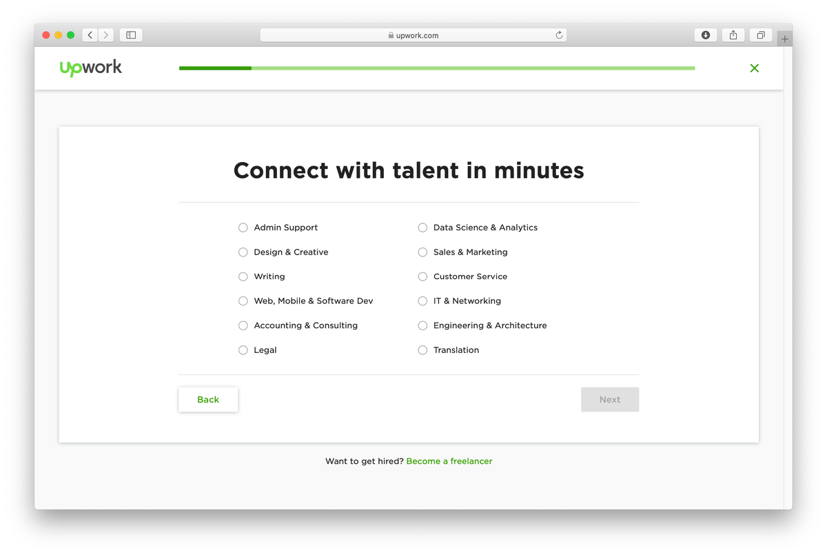 Список профессиональных областей на самой крупной международной бирже Upwork. В каждой области еще по 10-15 специализаций 