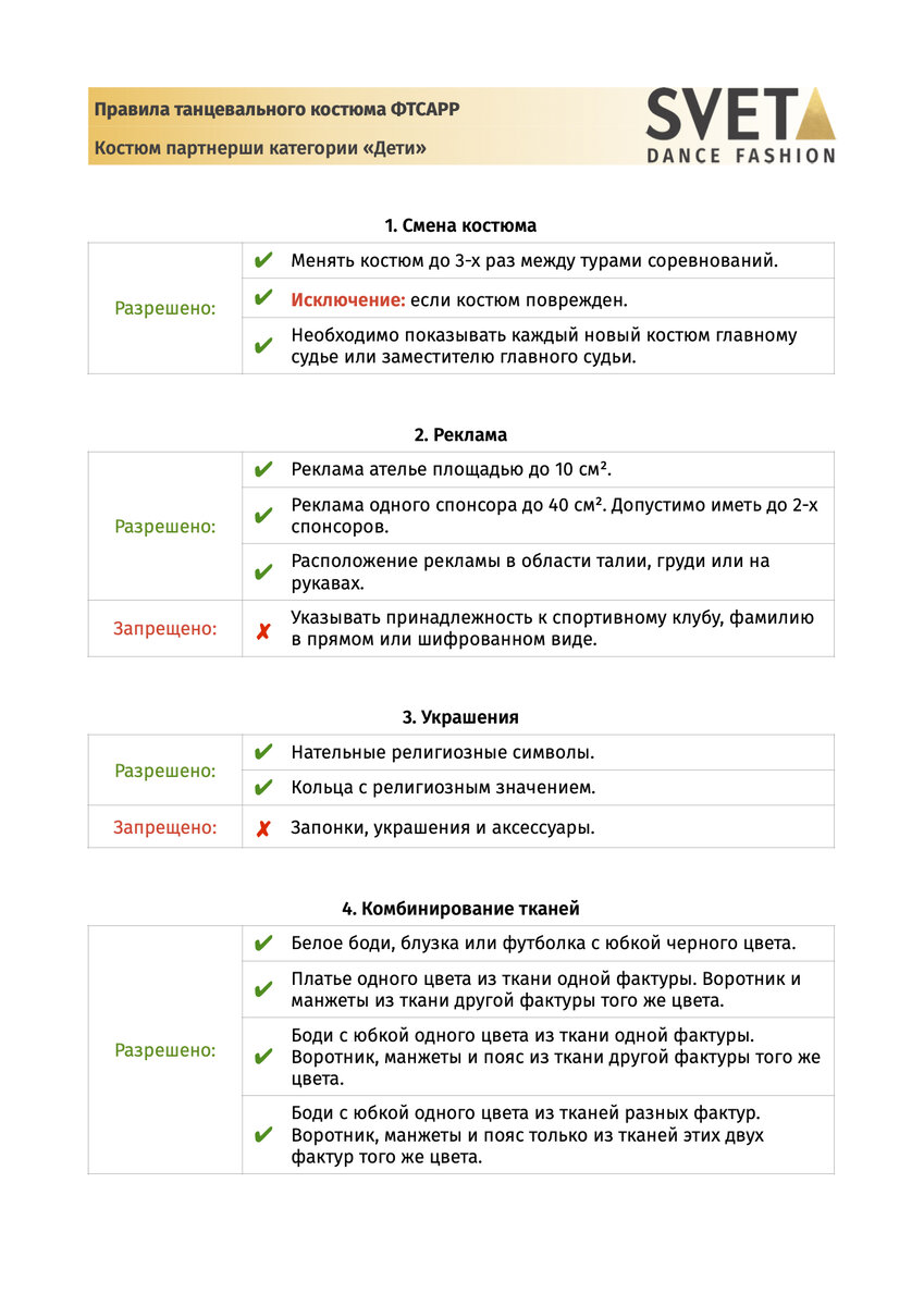 Правила танцевального костюма ФТСАРР – Шпаргалка 4 стр.