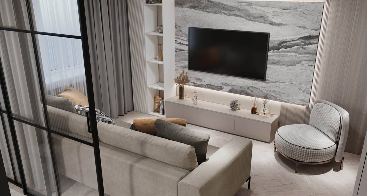 Интерьер монохромной гостиной в светлых тонах