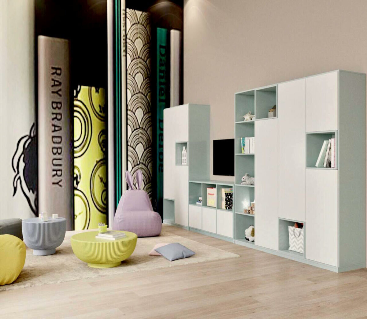 Лаконичная система хранения и мягкая зона отдыха