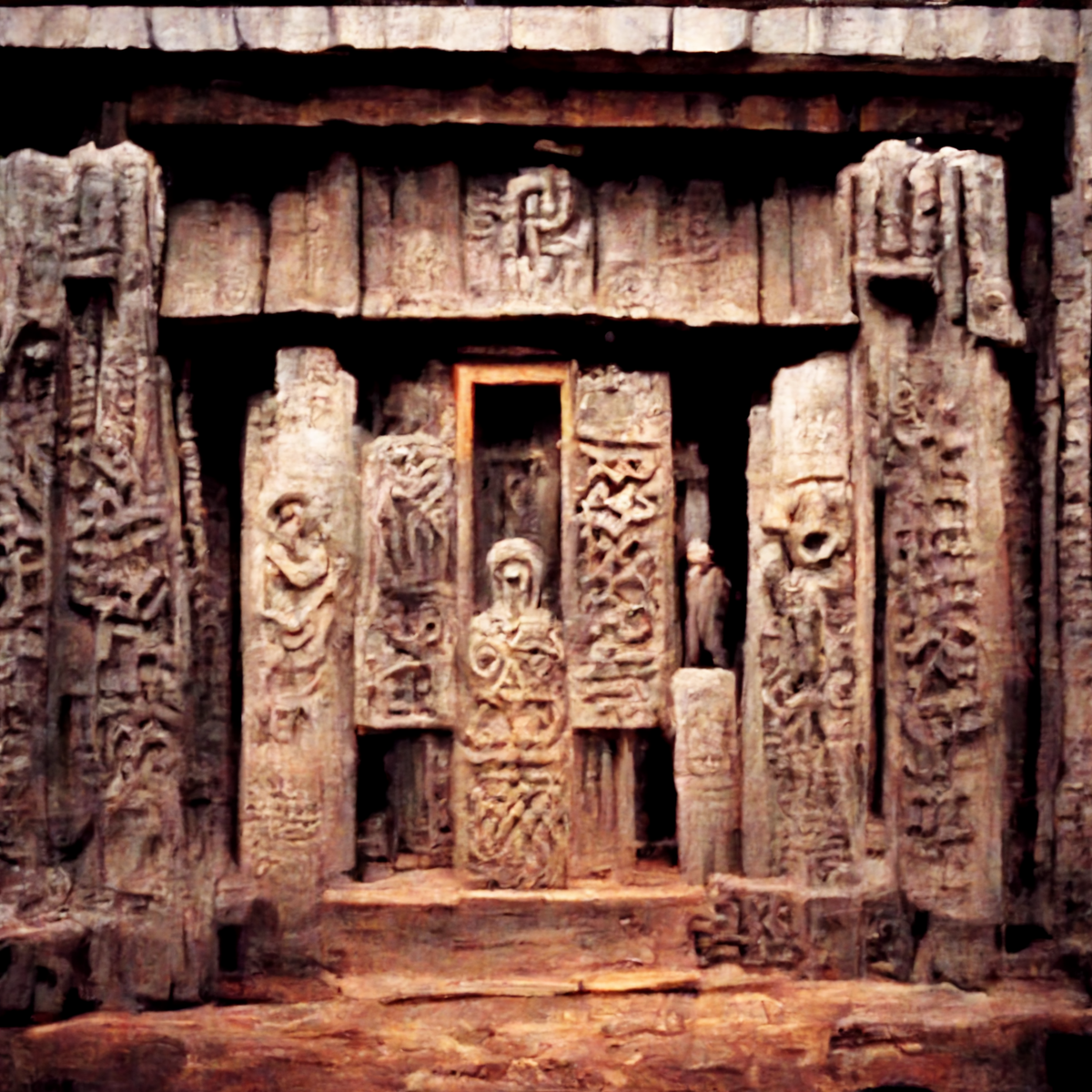 Запрос - The ancient slavic pagan temple itself contained two enclosures, of which the outer one, connected to the walls, was covered with a red roof;  the inner one, resting on four columns, had curtains instead of walls and was not connected in any way with the outer one, except for a rare binding of beams. Old Russian history painting, cinematic detail, 8k