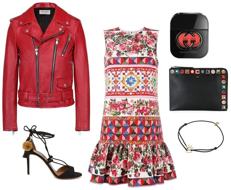 Образ: куртка Saint Laurent, платье, туфли Dolce&Gabbana, клатч Fendi, браслет Amorem, туалетная вода Gucci