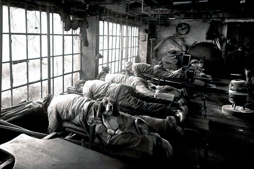 Немного истории: Франция, 1900 год. Серийное производство ножей «Лайоль». На фото точильщики ножей известные как «желтые животы», называемые так из-за желтой пыли, которая летела на них от шлифовального круга. Им разрешалось приводить с собой собак, которые грели точильщикам ноги.