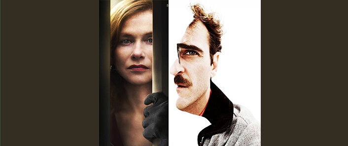 Коллаж автора из постеров. Слева фильм "Она" 2016 г. с Изабель Юппер, справа "Она" 2013 г. с Хоакином Фениксом. Источник КиноПоиск