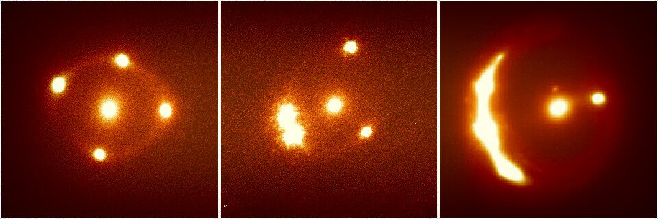 Изображение квазаров HE0435-1223 (слева), PG1115 080 (посередине), RXJ1131-1231 (справа). Калифорнийский университет.