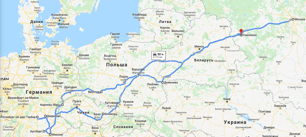 Наш маршрут по предрождественской Европе в примерном приближении по Гуглу. Единственно, обратно мы тоже возвращались через Бобровники-Домачево