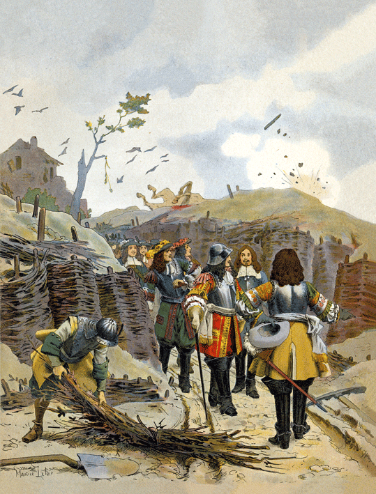 Людовик XIV посещает траншеи под Лиллем. Август 1667 года. Гравюра Мориса Лелуара.