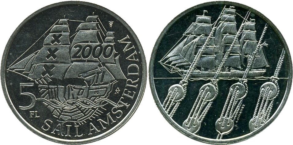 Один из монетовидных жетонов серии "Sail Amsterdam 2000", номиналом в 5 флоринов