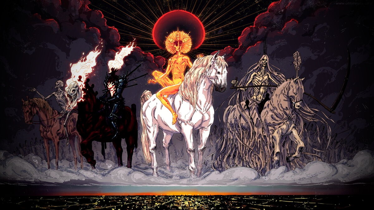 Очень хорошая графика. Здесь подмечено, что венец на голове первого всадника - это солнечная корона. Вспоминаем, что Иисус - это Солнце