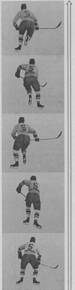 Фаза одноопорного отталкивания характеризуется наращиванием величины толчкового усилия и значительным увеличением ускорения и скорости. Она наиболее продолжительна и поэтому очень важна. В этой фазе хоккеист переносит центр масс на толчковую ногу, сгибая ее в коленном суставе под углом 80 — 90°, делает предварительно небольшую подсадку, затем мощно отталкивается лезвием конька, движущегося
под горизонтальным углом 27 — 30°, разгибая ногу в тазобедренном, коленном и голеностопном суставах за счет максимального напряжения мышцразгибателей бедра и голени. Руки с клюшкой движутся вперед в направлении движения толчковой ноги. В конце отталкивающего движения толчковая нога полностью выпрямляется.
Фаза двухопорного отталкивания характеризуется движением хоккеиста с опорой и равномерным распределением массы тела на обе ноги. Эта фаза по времени самая короткая (15 %), в ней заметно снижаются ускорение (до 10—15 м/с2), величина усилий толчковой ноги (до 90—110 кг) и в меньшей мере скорость.
В этой фазе хоккеист начинает переносить ОЦМ с толчковой ноги и как бы загружает вторую ногу, выполнявшую движения в подготовительных фазах.
Синхронно и одновременно с проанализированными фазами толчковой ноги маховая нога выполняет подготовительные фазы движения: 1) свободного маха, 2) подтягивания и 3) загрузки. Их роль сводится, с одной стороны, к созданию дополнительных сил инерции, увеличивающих поступательное движение вперед, с другой — к возможности отдыха мышцам-разгибателям бедра и голени. Наиболее важная из этих фаз — фаза подтягивания, в которой хоккеист как бы подтягивает ногу быстрым движением и плавно ставит конек на лед. При этом важно поднимать конек надо льдом на оптимальную высоту. Низко или высоко поднимать ногу в подтягивающей фазе энергетически невыгодно и биомеханически нецелесообразно. К тому же это отрицательно отражается на скорости бега.

по основному двигательному механизму идентичен бегу скользящими шагами и имеет аналогичную фазовую структуру. Вместе с тем ему свойственны некоторые особенности в деталях техники, вытекающие из его целевого назначения. Этот вид бега используется при старте и ускорении с места и в ходе движения для быстрого наращивания скорости. Поэтому некоторые биомеханические характеристики в отдельных фазах движения претерпевают изменения. Наклон туловища в беге короткими шагами несколько увеличивается (до угла 25 — 30° отвертикали). Соответственно уменьшаются углы в тазобедренном, голеностопном и коленном суставах. В этом случае производи¬тельнее используется инерция массы тела. Горизонтальный угол разворота стопы при отталкивании значительно увеличивается до 85 — 87°. Отталкивание осуществляется всей «рабочей» частью лезвия конька.
Временные характеристики отдельных фаз заметно меньше, чем в беге скользящими шагами, особенно в фазе двухопорного отталкивания, которая в некоторых случаях может отсутствовать.
В беге короткими шагами меньше выражена синхронная работа рук и ног. Эффективность бега короткими шагами во многом зависит от скоростных и скоростно-силовых качеств мышц ног, обеспечивающих частоту и силу отталкивающих движений и скорость поступательного движения вперед.
Бег короткими шагами энергетически менее экономичен, однако он позволяет хоккеисту в короткое время развить высокую скорость, быть более устойчивым на льду и выполнять сложный маневр.
Рассмотренные виды бега используются преимущественно при прохождении прямо¬линейных отрезков. Однако в современном хоккее в связи с возрастанием интенсивности и объема силовых единоборств особое значение приобретает бег по ломаной линии, выполняемый скрестными шагами и позволяющий в большей степени избегать силовых единоборств, уходя от противника.