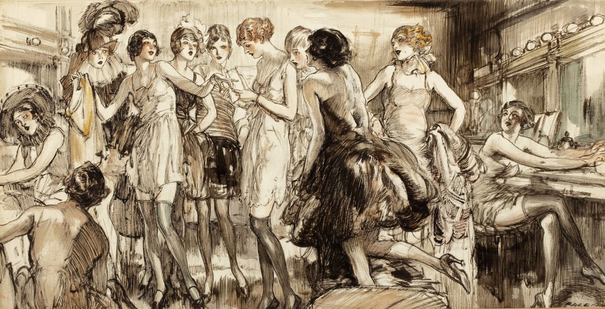 Henry Patrick Raleigh (1880-1944) "Theater dressing room" mixed media on board 35.6 x 71.1 cm