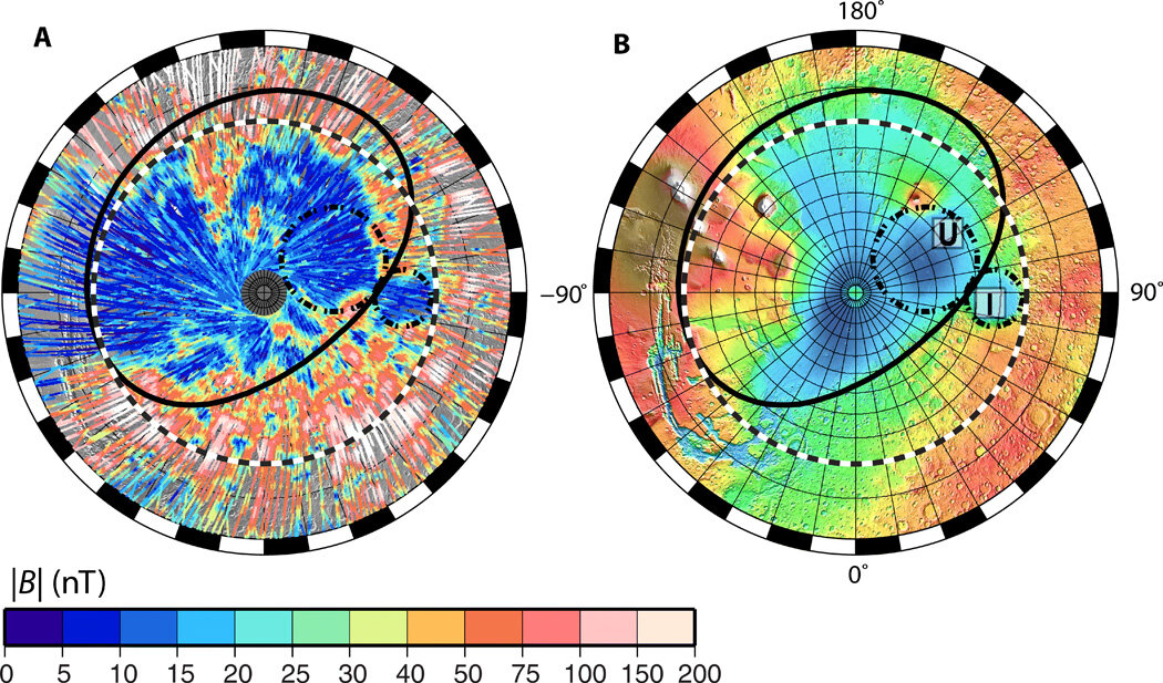 А) напряженность магнитного поля, | B |, на всех ночных трассах MAVEN на высотах менее 200 км. B) топография мола. Полярная стереографическая проекция от 20°С до Северного полюса, показывающая бассейны Borealis (сплошной черный эллипс), Utopia (U) и Isidis (I) (пунктирно-пунктирные круги) и экватор (бело-черная пунктирная линия). Погрешности в магнитном поле от погрешности измерения составляют менее 1 нТл . Источник: Science Advances
