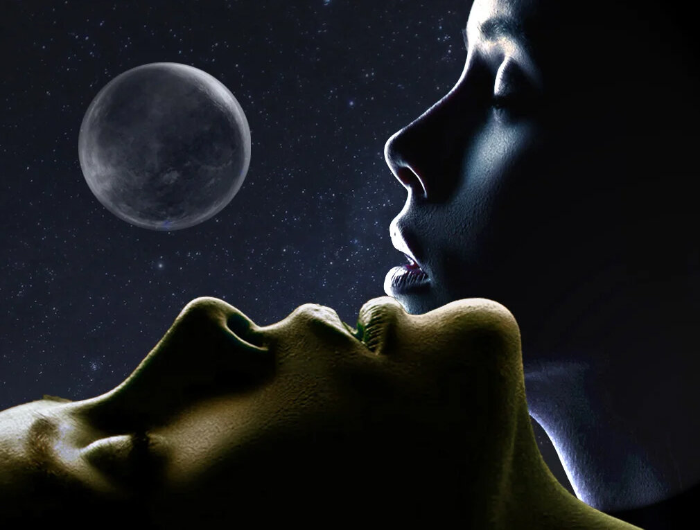 Небе страстный. Луна и влюбленные. Ночной поцелуй. Ночь любви. Мужчина и женщина ночь.