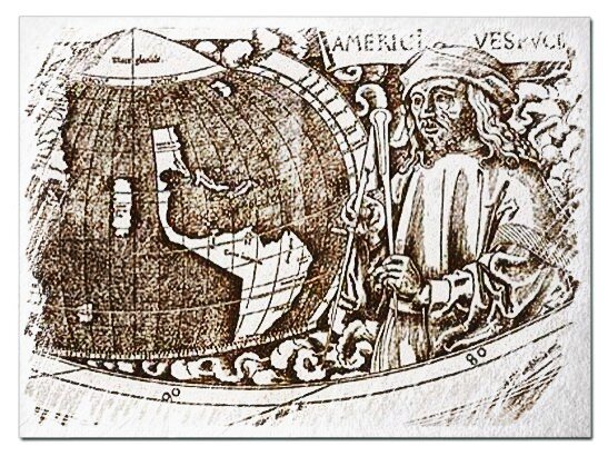 Америго Веспуччи на карте мира, созданной Мартином Вальдзеемюллером в 1507 году.