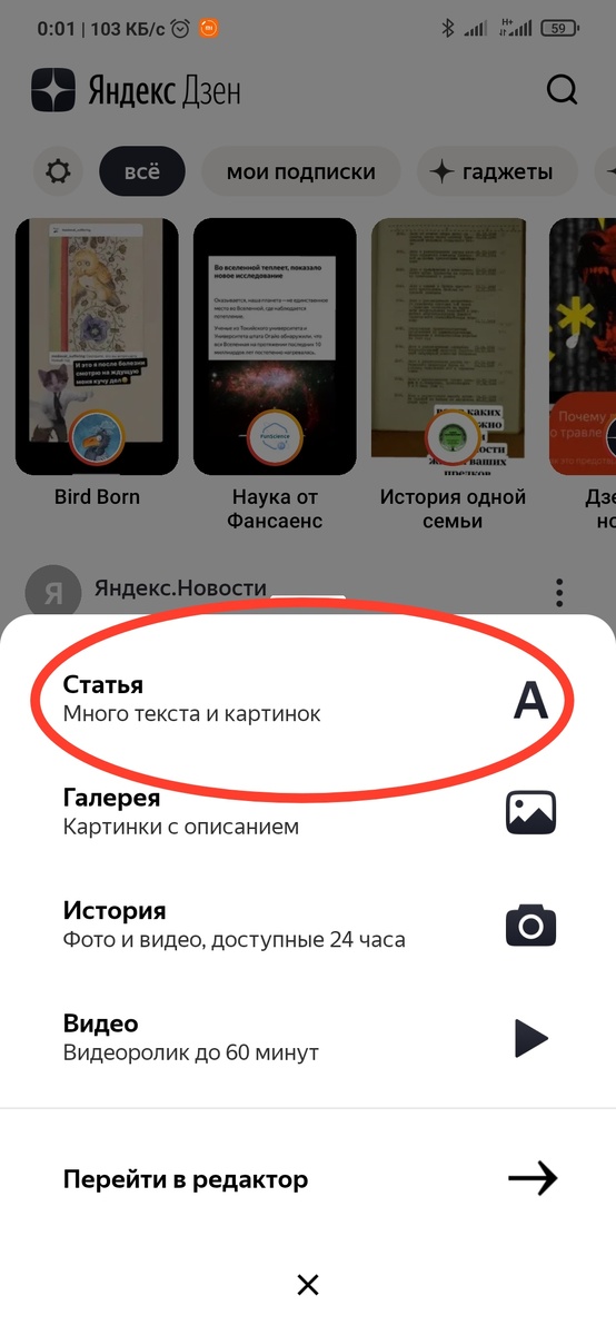 Скриншот с выбором статьи.