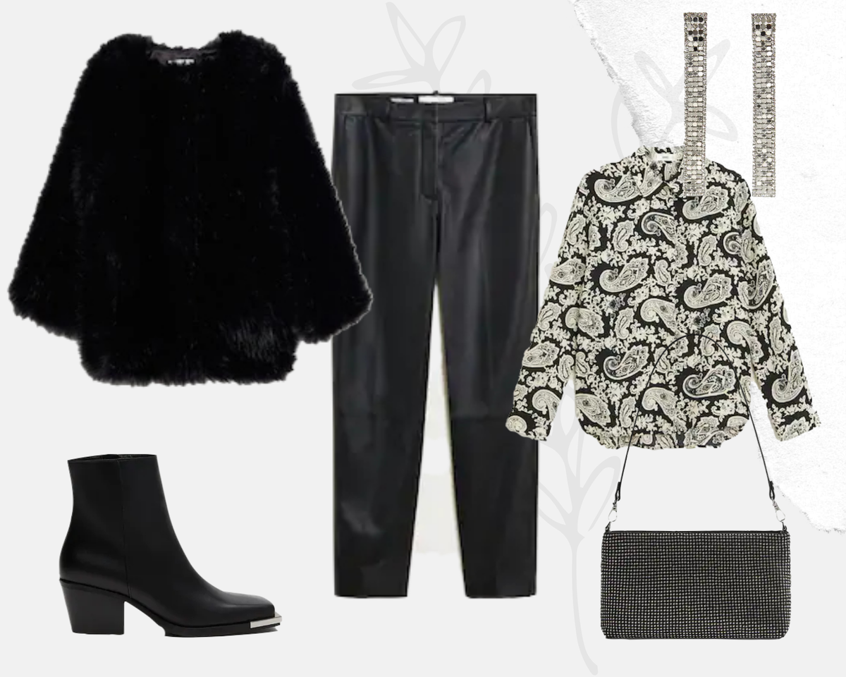 Струящаяся рубашка с принтом Mango, 2 499 руб. Меховое пальто оверсайз Mango, Кожаные ботинки с квадратным мысом Mango, Сумка-багет со стразами Mango, Серьги с подвесками из стразов Mango