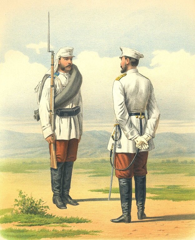 Солдат и офицер туркестанских батальонов в 1877 году.