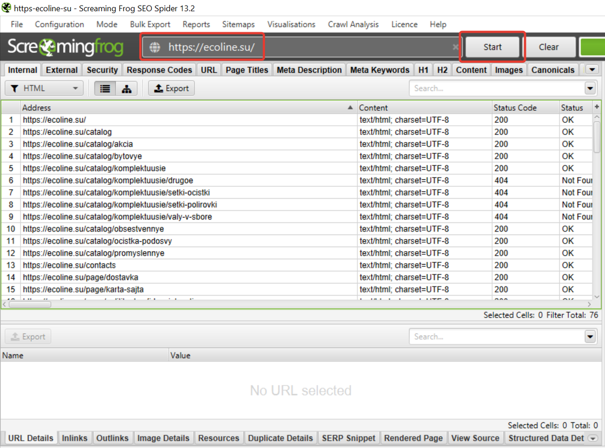 Работа в программе Screaming Frog Seo Spider