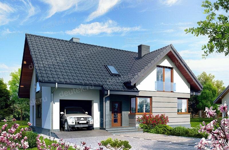 Проект дома 185 м2 с мансардой, одноместным гаражом и террасой - DTV100150