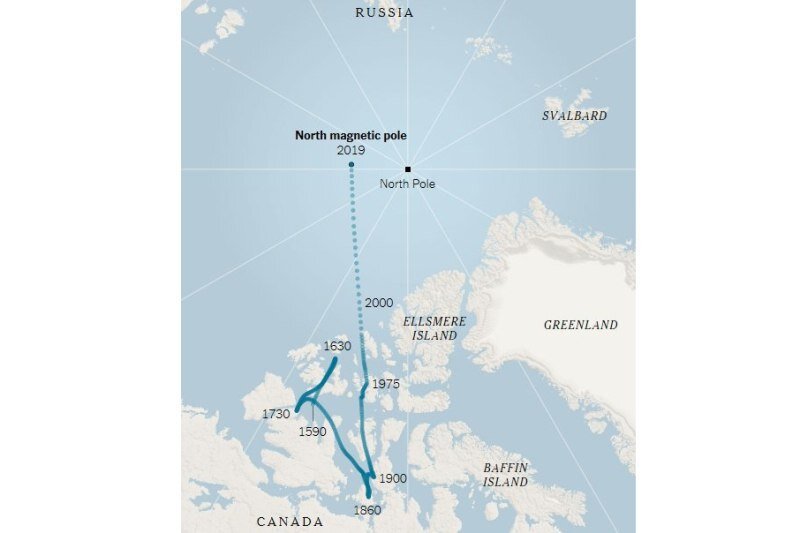 Карта движения магнитного полюса земли