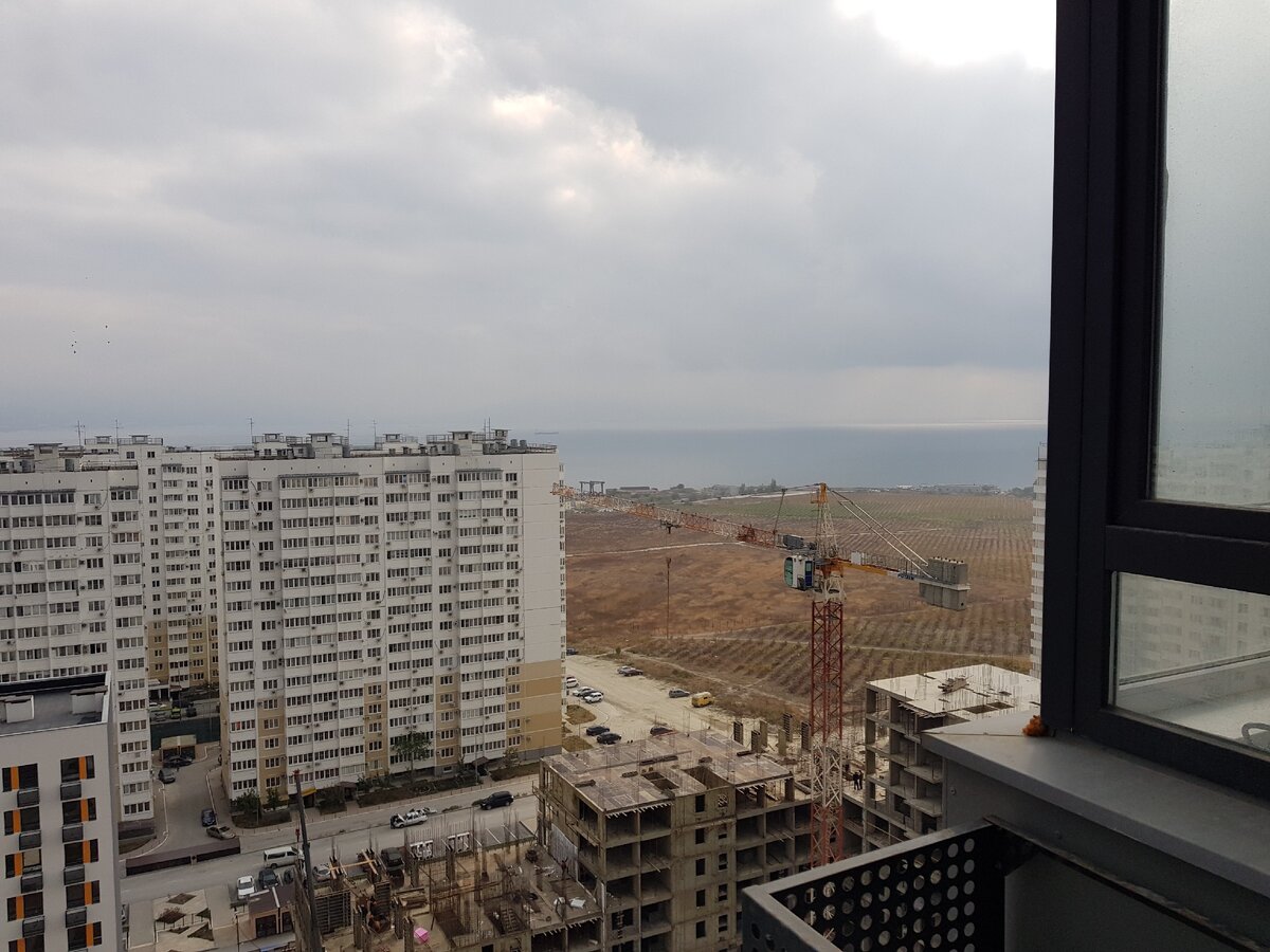 Из окна видно виноградное поле, строящиеся новостройки и Черное море.