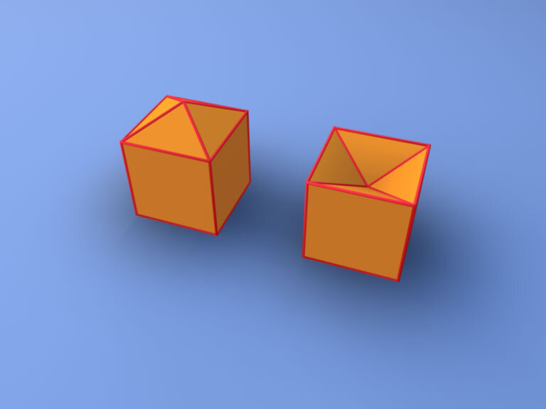 Кубик, на одной из граней построена пирамида. Можно построить такую же пирамиду внутрь куба, получится невыпуклый многогранник с такими же гранями, как у первого.