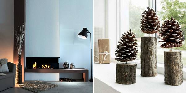 Покупные вазочки на каминной полке бесплатно и стильно заменят природные статуэтки. Подставкой для них служат спилы толстых сучьев, а декором – крупные еловые шишки.