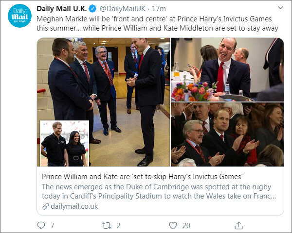 Фотографии беседы принца Уильяма с бывшими игроками иллюстрируют материал Daily Mail, не затрагивающий напрямую этого разговора :) «Этим летом Меган Маркл будет «на переднем плане и в центре» Invictus Games принца Гарри... а принц Уильям и Кейт Миддлтон намерены остаться в стороне». Из твиттера Daily Mail U.K. (https://twitter.com/DailyMailUK)