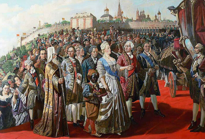 Екатерина II в сопровождении свиты. Источник: Wikimedia Commons