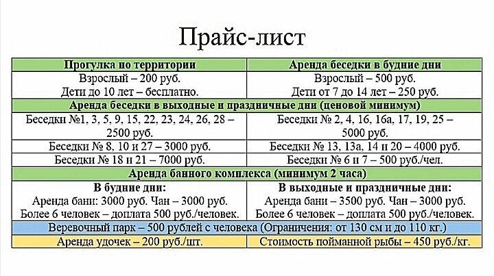 Прайс услуг на территории комплекса "Вольница" 